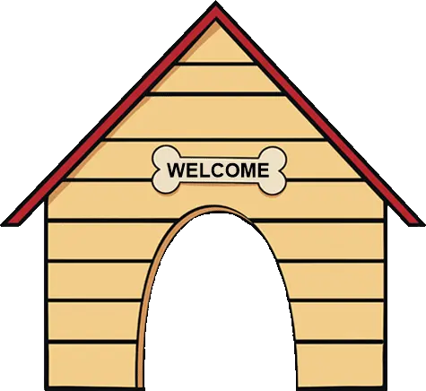 A wheat-coloured doghouse with a red roof and a bone reading WELCOME above the door