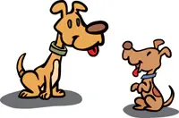 An adult dog with a puppy
